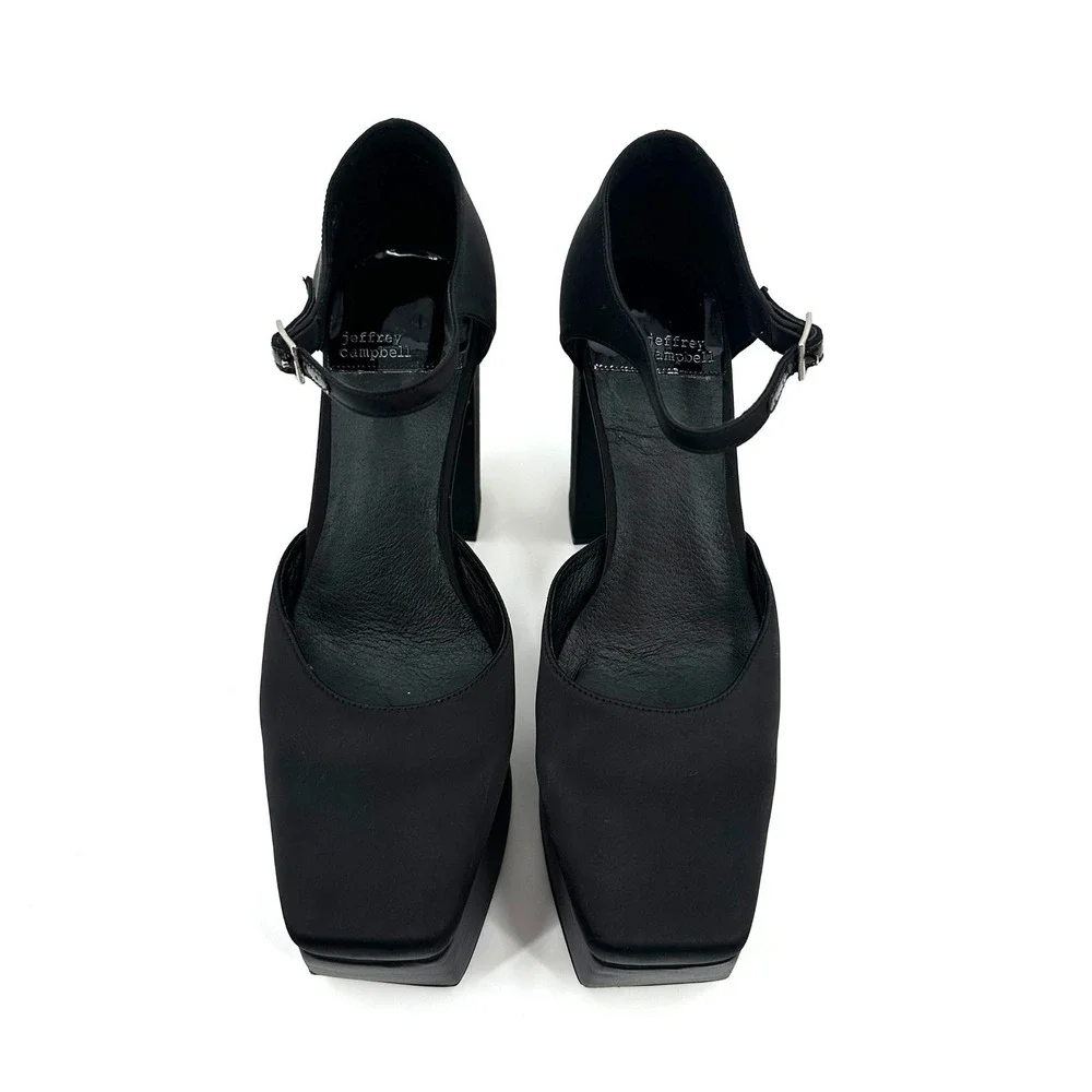 Jeffrey Campbell Over‎ N Out Black Satin Mary Jane Platform Heels Square Toe 9
